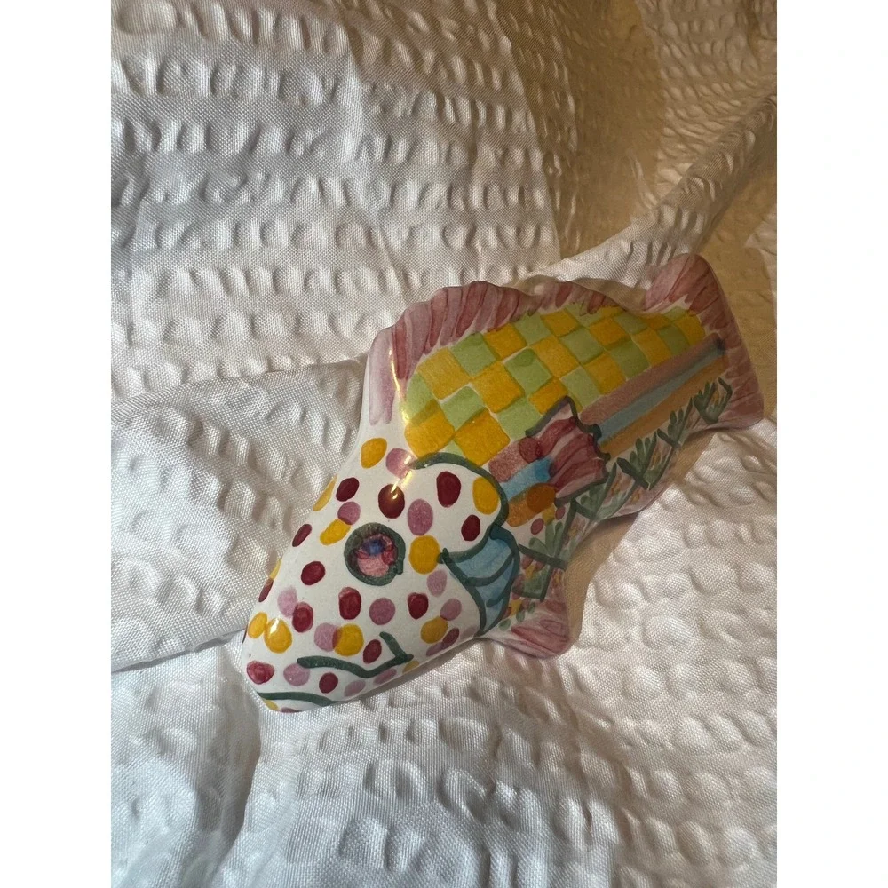 MacKenzie-Childs Ceramic Fish Knob 5in Colorful Checker Pink‎ Pull Handle
